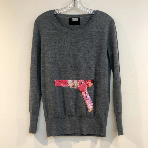 Markus Lupfer 100% Merino Wool Sequin Flamingo Crew Neck Grey Graphic Sweater XS - Picture 9 of 9